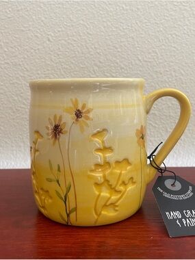 The Old Pottery Company Hand Crafted Yellow Floral Embossed Ceramic Mug 20 oz